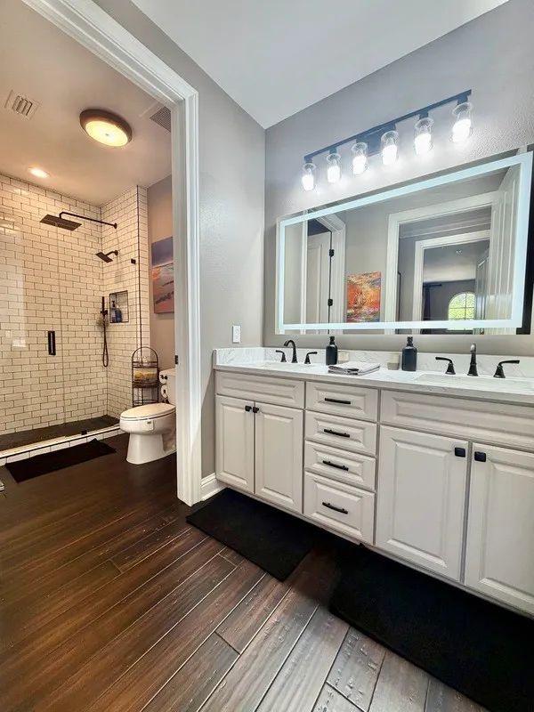Bathroom vanity and shower, detailed